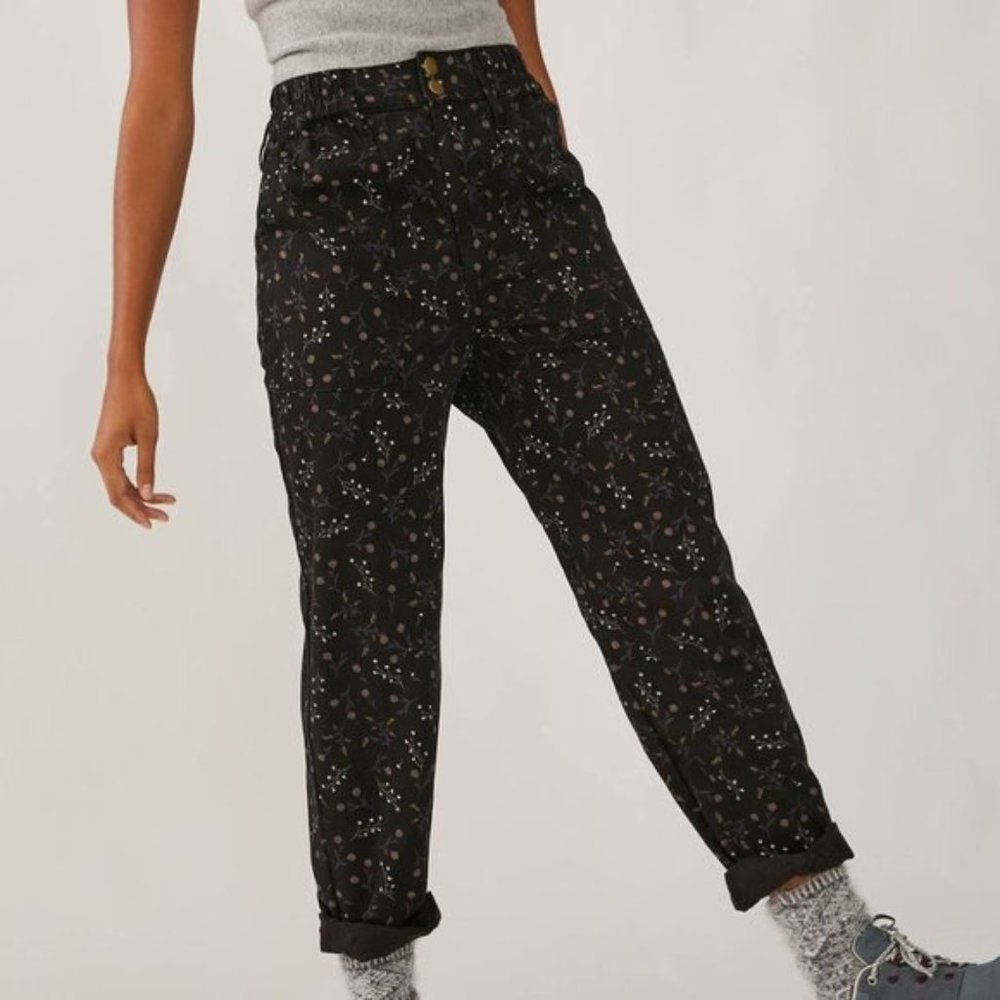 Anthropologie Declan Utility Cargo Pull-On Wide Leg Crop Pants Black Floral M